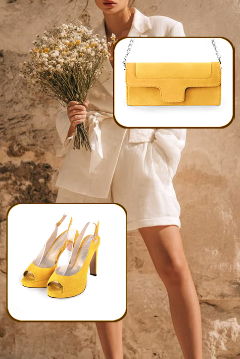 Dress heels peep-toe slingback in yellow leather with high slim heels with a platform at the front and round toe - Worn view